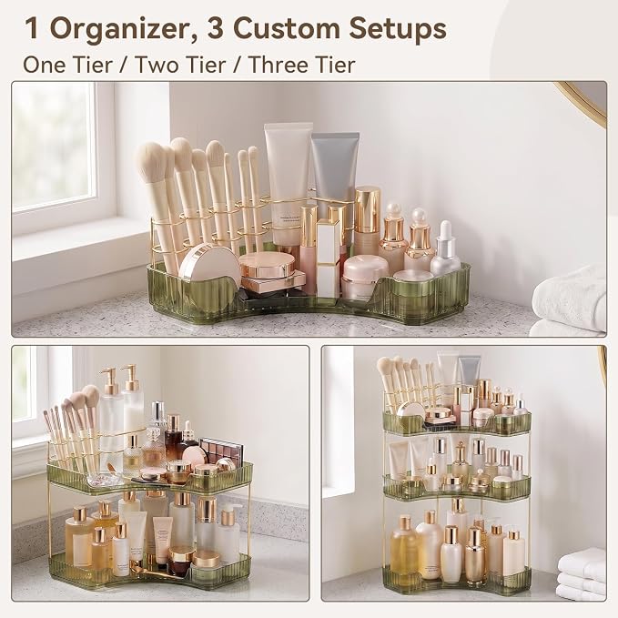 3-Tier Corner Bathroom Counter Organizer with Makeup Brush Holder, Green - Image 7