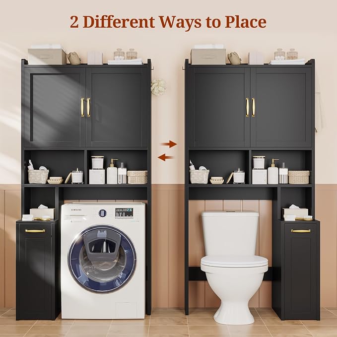 UPOSOJA Over The Toilet Storage Cabinet with Pulley Bathroom Storage Cabinet, Space Saver W/Adjustable Shelf & Open Shelf for Bathroom, Restroom, Laundry (Black) - Image 3