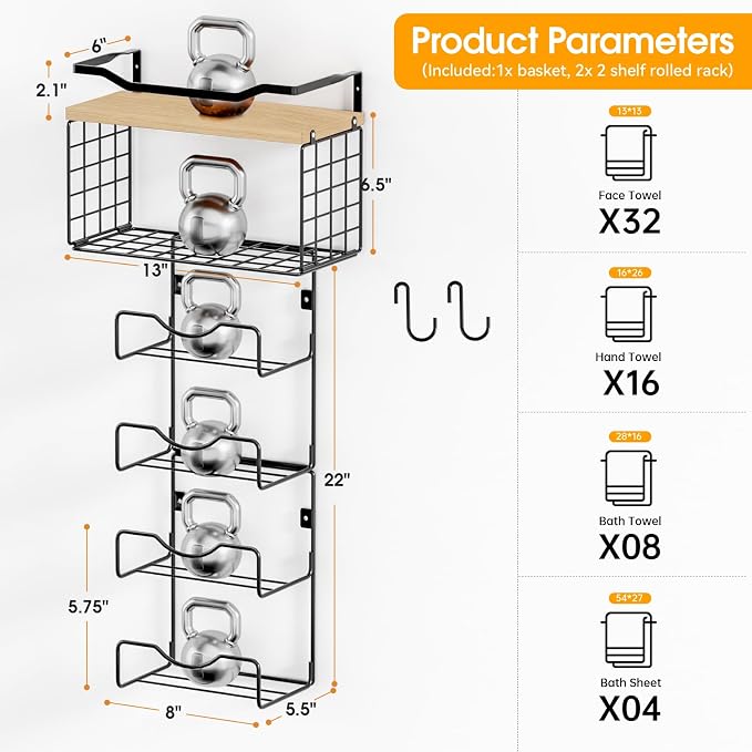 Towel Racks for Bathroom,Towel Rack Wall Mounted, 6 Tier Rolled Or Folded Towel Holder with Floating Shelves, Bathroom Towel Holder for Bath, Hand Towels,Metal,Walnut Wood Panel - Image 7