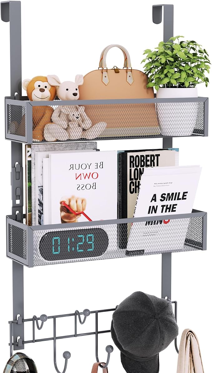 Consumest Over The Door Hooks Organizer - 3 Tier Door Hanger with 9 Coat Hooks & 2 Mesh Basket, Back Storage Organizer Hanging Towels for Bathroom, Bedroom, Grey by Consumest