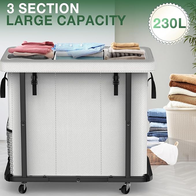 Laundry Basket with Lid, 230L Rolling Laundry Hamper with Wheels,White - Image 2