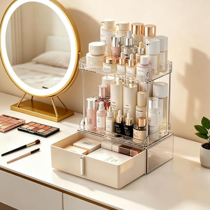 Pajiriona Makeup Organizer,Skincare Organizer for Vanity,2-Tier Large Capacity Cosmetic Storage Box for bathroom organizers and storage,Clear Cosmetic Display Case for Bedroom Countertop. - Image 2