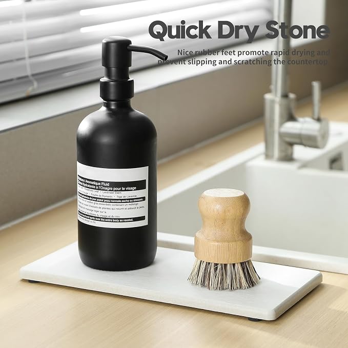 2PCS 10"x 5" Large Bathroom Sink Vanity Trays, Water Absorbing Diatomite Stone Quick Drying Mat for Kitchen Counter, Dish Rack Dispensers Sponge Holder Caddy Organizer, Beige, 10"x 5" - Image 2