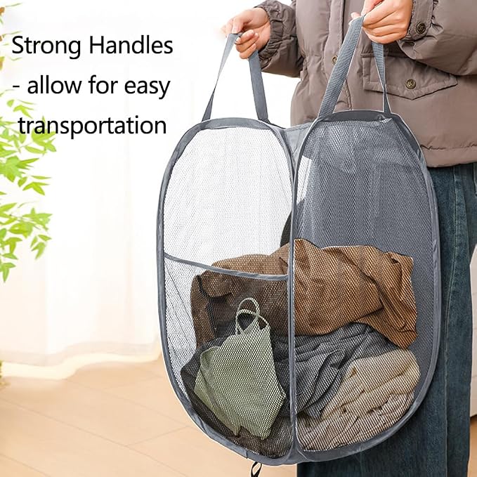 Foldable Mesh Laundry Baskets 2 Pack Large Side Pocket Strong Handle - Image 2