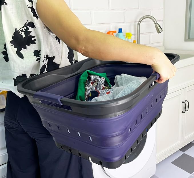 SAMMART 42 (11 Gallons) Collapsible Plastic Laundry Basket, Foldable Pop Up Storage Container/Organizer, Space Saving Hamper, Portable Bin for Dorm Room Bathroom (2, Black/Dark Purple) - Image 3