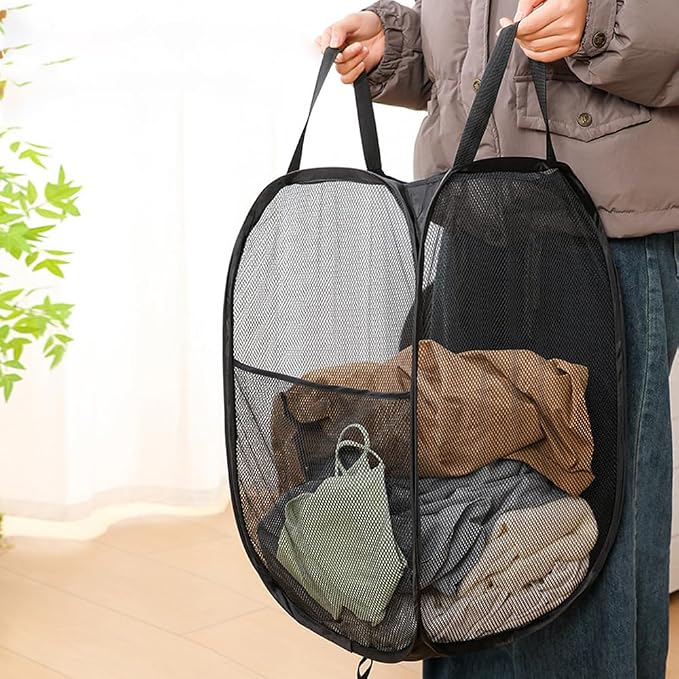 Pack of 2 Pop Up Mesh Laundry Hamper for Cruise, Collapsible Laundry Basket Space Saving, Large Side Pocket, Easy to Carry Handles - Image 4
