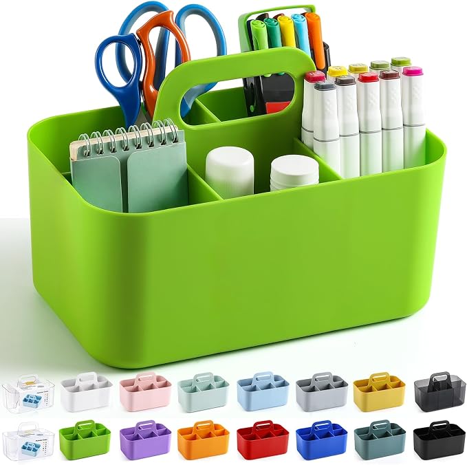 Multiuse Caddy Organizer with Handle, Portable Divided Plastic Tote Bin - Art Craft, Stationary Pen Marker Crayons, Makeup Hair Supplies Storage - Bathroom, Classroom, Dorm, Office, Desk Holder -Green - Image 9