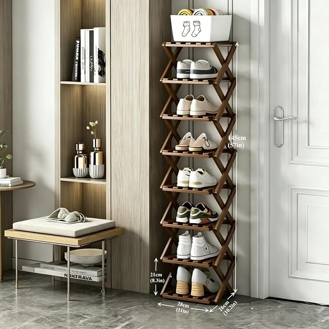8 Tier Foldable Shoe Rack, Bamboo Vertical Shoe Organizer Tall for Multifunctional Narrow Shoe Shelf for Entryway, Closet, Corner, Bedroom, Hallway(Brown) - Image 2