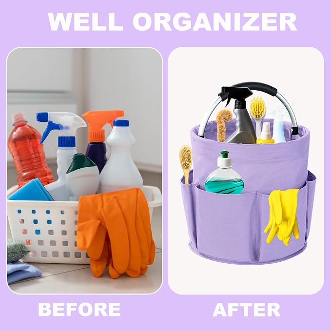 Cleaning Caddy with Handle, 17L Foldable Cleaning Supplies Organizer, Portable Storage Basket, Cleaning Supply Caddy, Multifunctional Cleaning Bucket Bag for Garden, Home, Kitchen (Purple) - Image 3