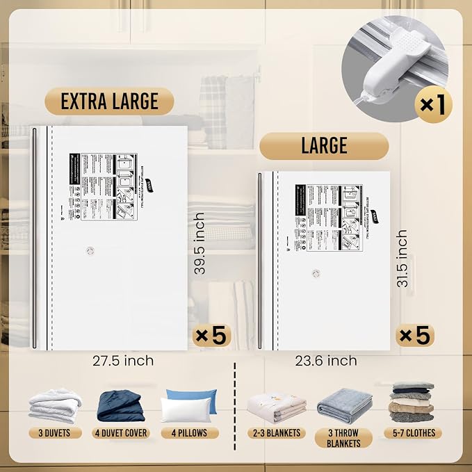 TAILI 10 Pack Vacuum Storage Bags, 2 Size Combo(5 Large+5 Jumbo), Clear - Image 3
