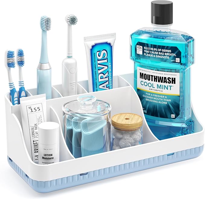 Bathroom Counter Organizer and Storage, 7 Slots Detachable Toothbrush Holders for Bathrooms, Anti-Slip Electric Toothbrush and Toothpaste Holder Countertop Vanity Organizer Accessories for Adults Kids by Homtalker