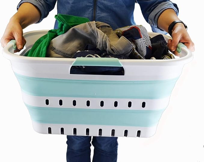 SAMMART 30L (8 Gallon) Collapsible 3 Handled Plastic Laundry Basket - Foldable Pop Up Storage Container/Organizer - Space Saving Hamper/Basket (White/Lake Green) - Image 6