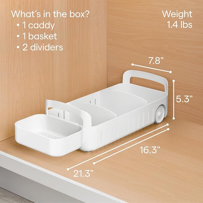 YouCopia RollOut Caddy Rolling Storage Bin with 2 Adjustable Dividers and Removable Basket for Kitchen and Bathroom Under Sink Organization, 8" Wide - Image 4