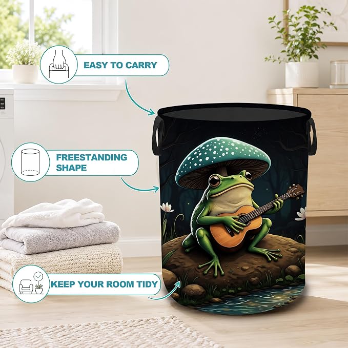 Frog Guitar Dirty Clothes Hamper,Foldable Laundry Basket with Handles,Mushroom Forest Waterproof Oxford Cloth Storage Bin for Bedroom Bathroom Nursery,16 x 20 Inch - Image 3