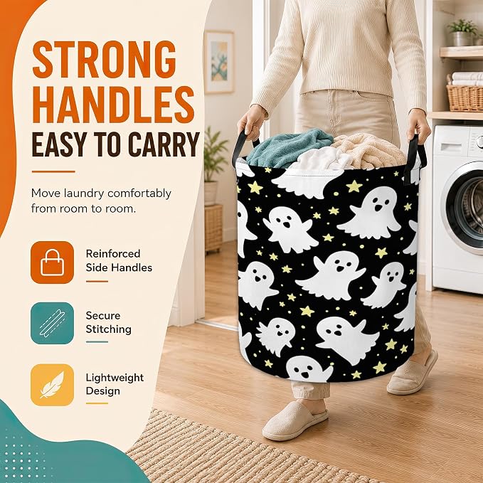 Ghosts Laundry Basket with Handles,Halloween Foldable Oxford Laundry Hamper,Collapsible Clothes Storage Basket for Laundry Room/Bathroom/Bedroom/Dormitories 20.8 x 16 Inches - Image 5