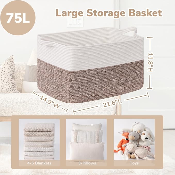 Goodpick Large Woven Rope Blanket Basket, Rectangle, White & Brown - Image 3