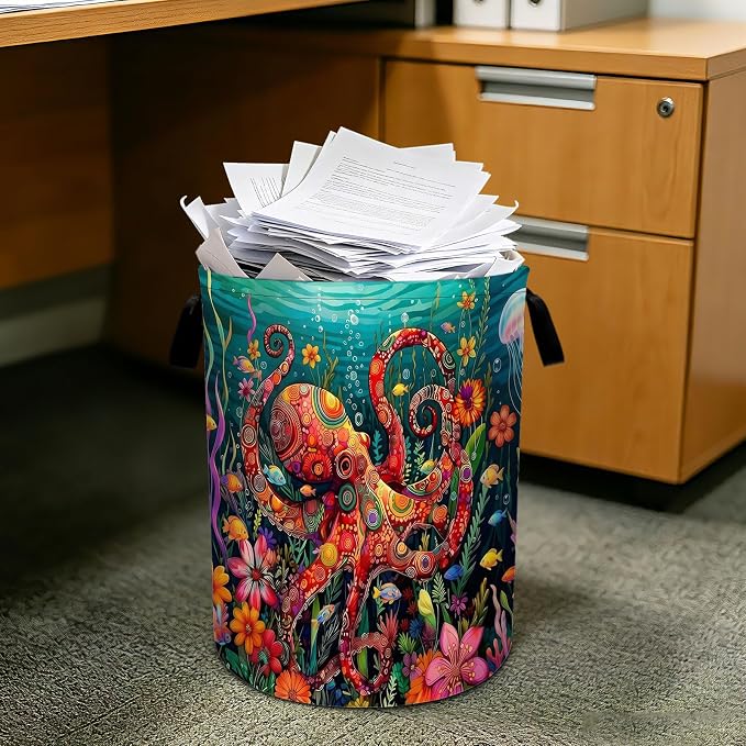 Octopus Flower Laundry Basket Foldable Laundry Hamper With Handles Clothes Storage Bucket Organizer Laundry Bag For Bedroom Bathroom Laundry Storage 19.6 x 15.7 - Image 7