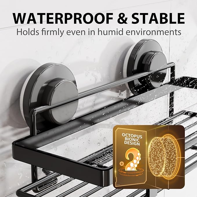 LEVERLOC Shower Caddy Suction Cup, 2 Pack Shower Shelves for Inside, Black - Image 8