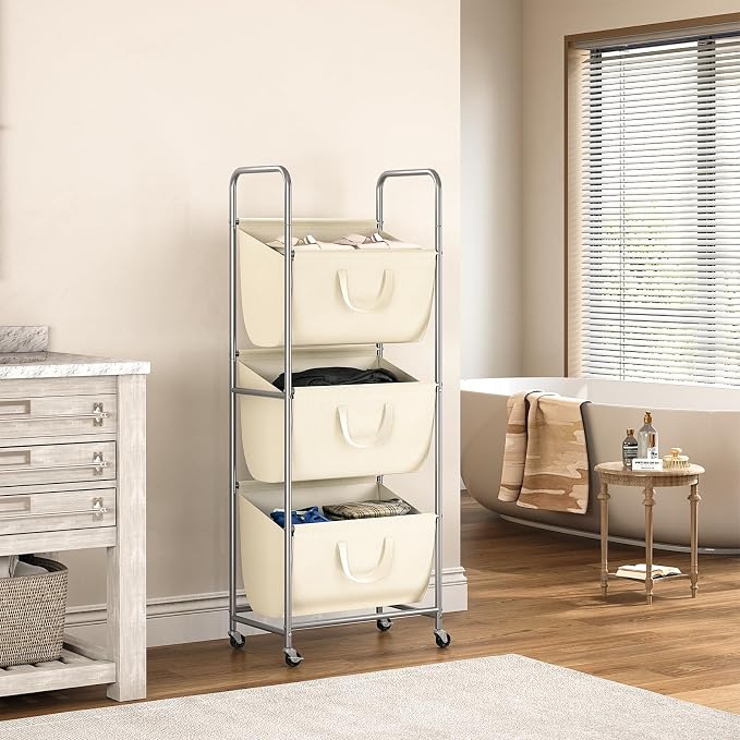 ELYKEN 3-Tier Vertical Rolling Laundry Hamper with Wheels & Removable Bags - Image 9