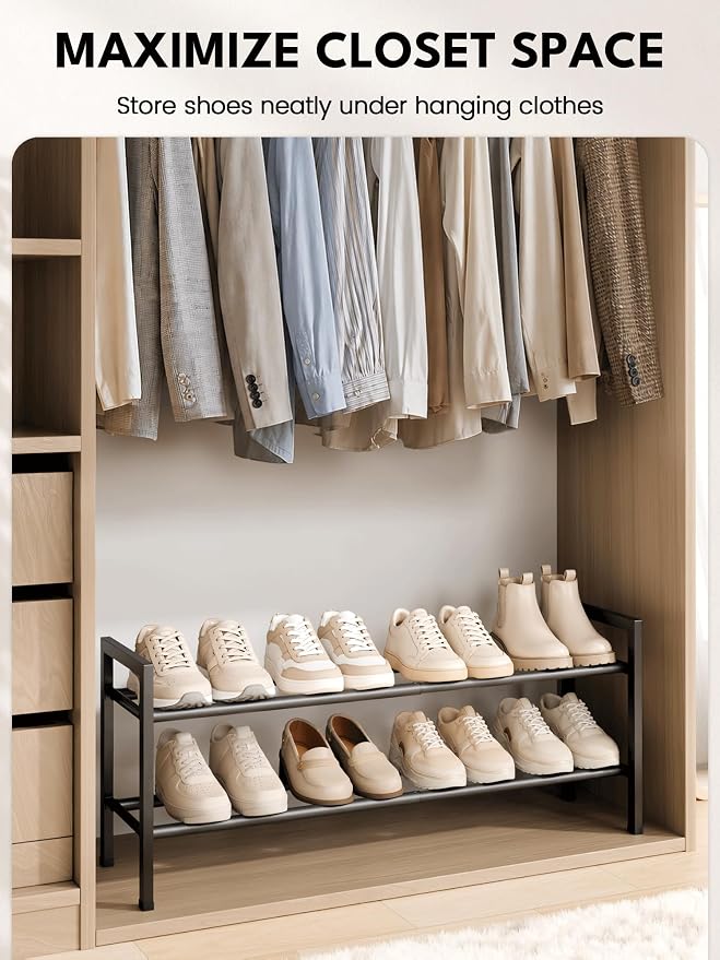 Bumusty 2 Tier Expandable Shoe Rack for Closet, Black | 18"-33" Adjustable Shoe Rack for Entryway, Small Shoe Organizer for Dorm, Front Door, Sturdy Metal - Image 4