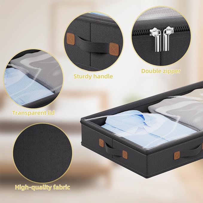 FHSQX Under Bed Storage Container 3 Inches Low Profile Under-bed Organizer Bins Slim Under Couch Storage Box Ideal For Seasonal Clothes Blankets Towel Fabric (1, Black, 31.5 * 17 * 3in) - Image 5