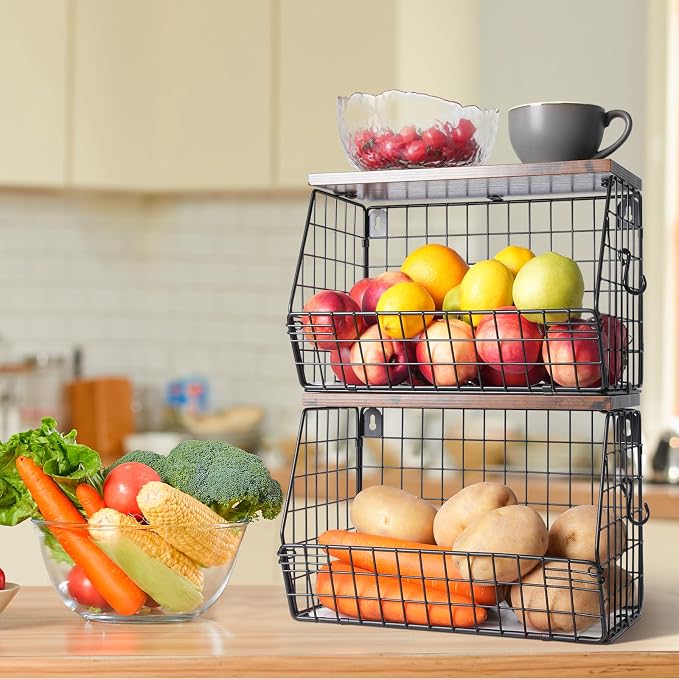 Mefirt 2pcs Fruit Basket Kitchen Storage Basket with Wood Lid - Image 7
