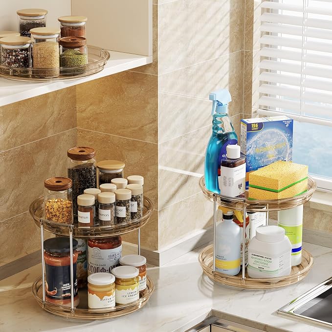 LAMU 2 Pack 2 Tier Lazy Susan Turntable Organizer 9.25'' Rotating Spice Rack Organization for Cabinet, Kitchen, Pantry, Countertop, Bathroom, Vanity, Medicine Cabinet Organizer, Amber - Image 6