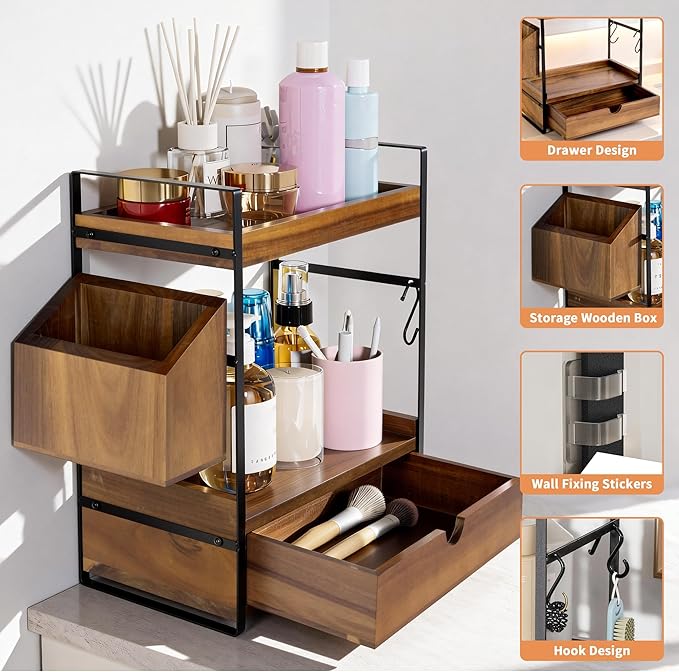 2-Tier Bathroom Counter Organizer, Acacia Wood Vanity Shelf with Drawer - Image 4