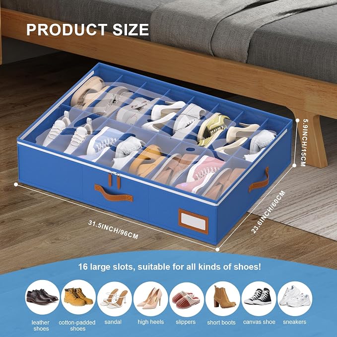 homyfort Shoe Organizer Under Bed, Fits 32 Pairs, Under bed Shoe Storage Boxes with Study Handles and Clear Cover, zapateras organizer for shoes, set of 2 - Image 2