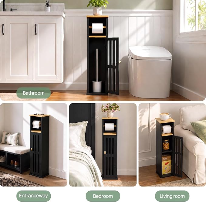 Narrow Bathroom Storage Cabinet with Toilet Paper Holder, Black - Image 6