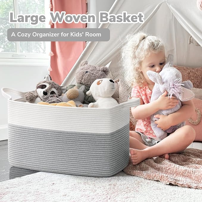 Goodpick Large Woven Rope Blanket Basket, Rectangle, White Gray - Image 2