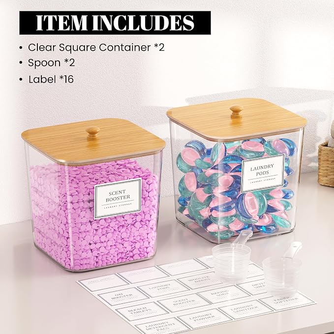 HomePekite Laundry Pods Storage Container, Clear Acrylic Laundry Room Organization and Storage ,Detergent Powder Container,with Wooden Lids & Labels, 2 Pack - Image 5