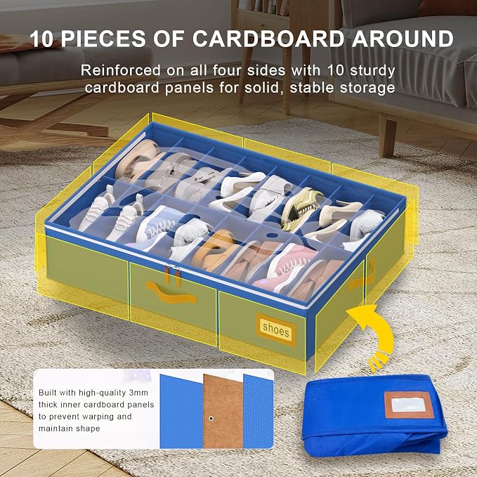 homyfort Shoe Organizer Under Bed, Fits 32 Pairs, Under bed Shoe Storage Boxes with Study Handles and Clear Cover, zapateras organizer for shoes, set of 2 - Image 5