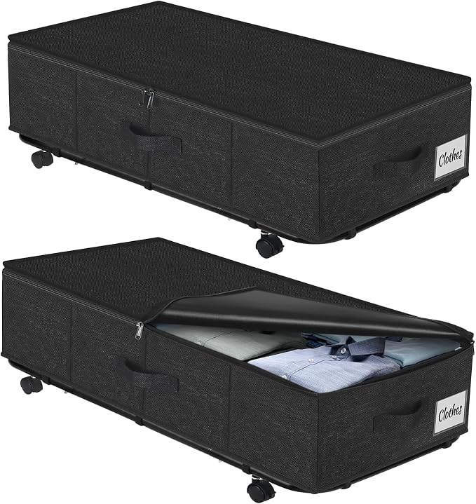 Large Sturdy Under Bed Storage with Wheels, 2 Pack 50L Rolling Underbed Storage Bins, Under Bed Containers Drawer with Metal Bottom Support, Bedroom Organizer with Lids for Clothes, Shoes, Blankets by KUKIKAN