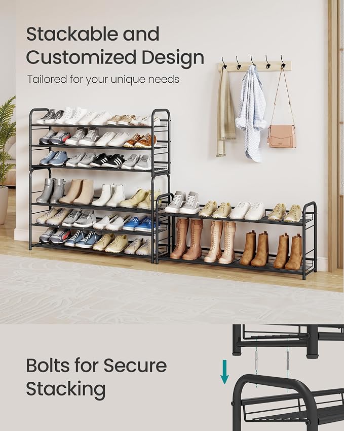 SONGMICS 4-Tier Long Stackable Metal Shoe Rack, Holds Up to 20 Pairs | Shoe Organizer for Closet, Entryway, and Small Spaces, with Adjustable Slanted Shelves, Black, DAVIAN Collection ULMR107BD01 - Image 4