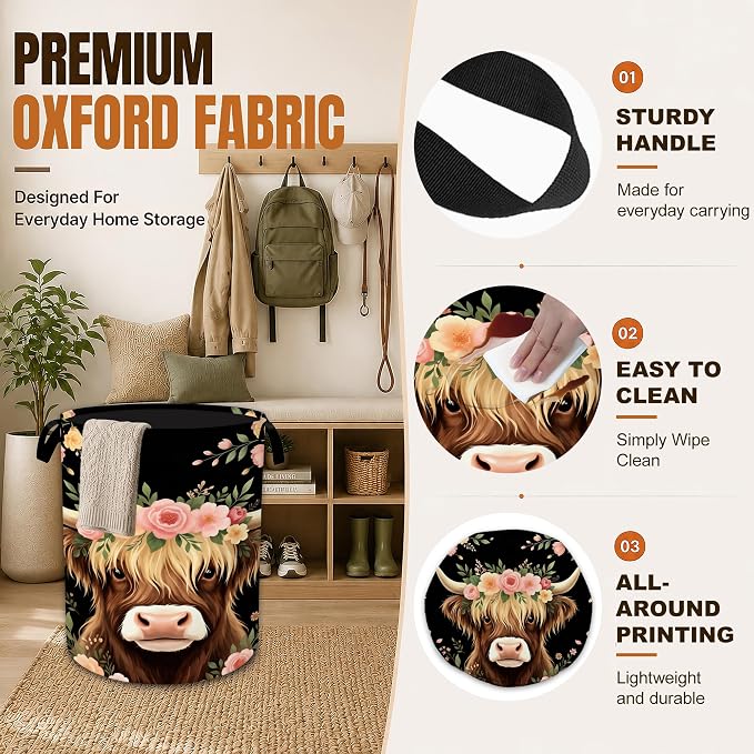 Highland Cow Laundry Hamper,Watercolor Flowers Foldable Oxford Basket with Handles, Portable Clothes Storage Bucket and Laundry Bag for Bathroom Laundry Room Bedroom Dorm Decor,20.8x16 Inch - Image 3