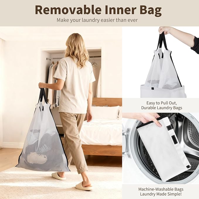 80L Large Laundry Hamper with Lid, Foldable Laundry Bag for Washing Machine with Removable Inner Bag, Dirty Hampers for Bedroom, Bathroom,Laundry Room, College (White) - Image 6