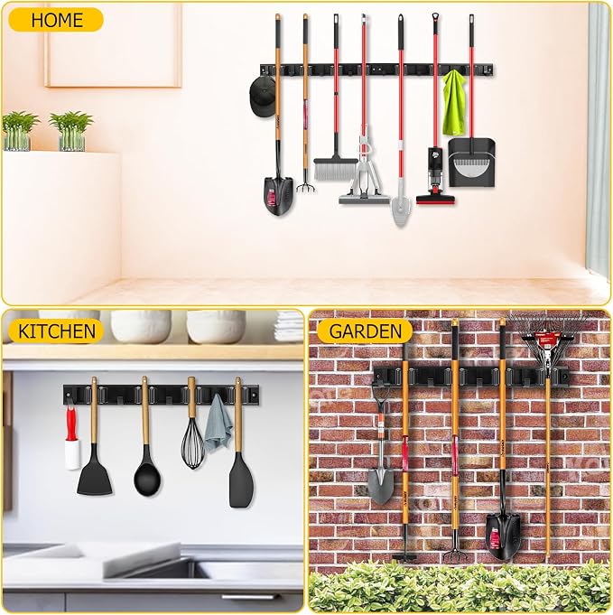 2 Pack Wall Mount Broom Holder with Sliding 3 & 4 Racks 4 Hooks，Mop Hanger - Image 7