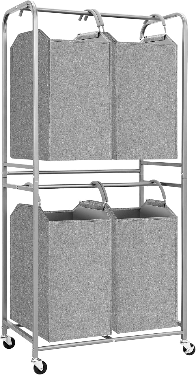 STORAGE MANIAC 4 Section Vertical Laundry Hamper, 2 Tier Laundry Sorter with 4 Removable Tote Bags, Rolling Clothes Basket for Towels, Blankets, Tall Dirty Clothes Hamper for Closet, 4 Bags Gray by STORAGEMANIAC