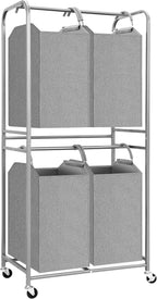 STORAGE MANIAC 4 Section Vertical Laundry Hamper, 2 Tier Laundry Sorter with 4 Removable Tote Bags, Rolling Clothes Basket for Towels, Blankets, Tall Dirty Clothes Hamper for Closet, 4 Bags Gray by STORAGEMANIAC