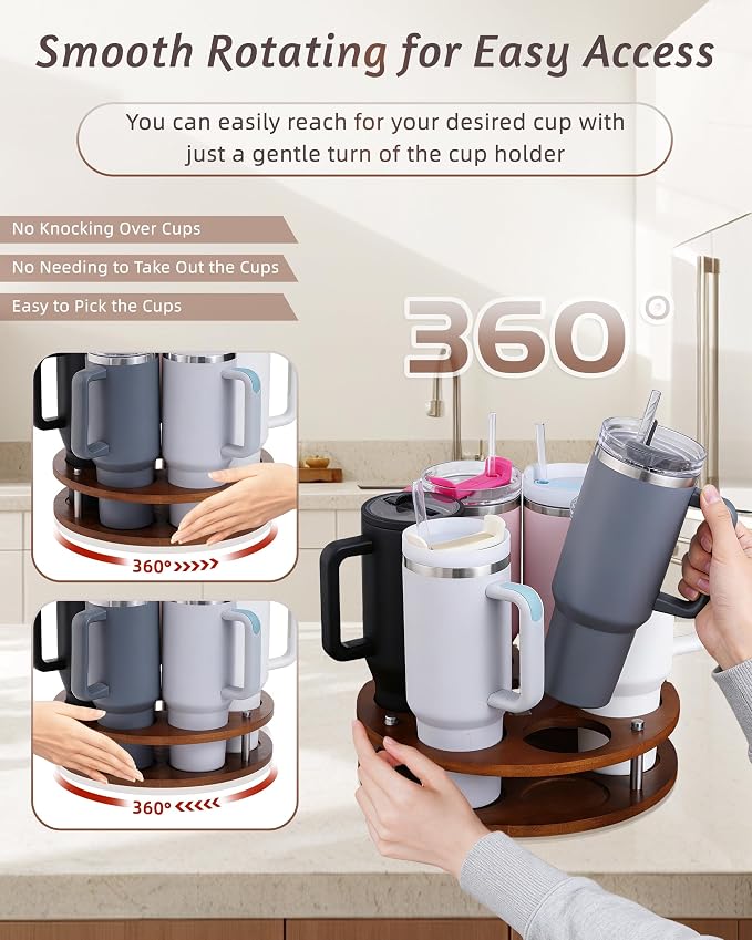 Rotating Wood Tumbler Organizer, 30 oz 40 oz Spinning Turnable Tumblers Holder, 360° Rotatable 7 Large Cups Bottle Tumbler Storage Display Stand, Rotate Syrup Organizer for Cabinet Countertop - Image 9