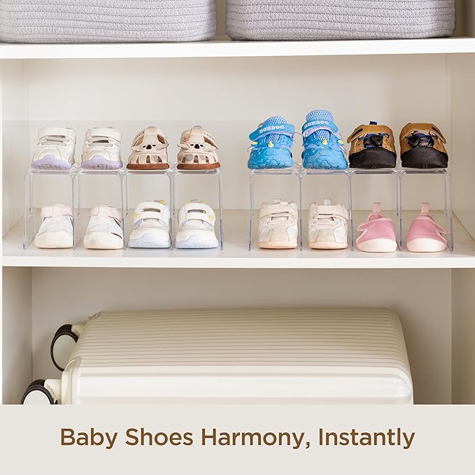 HBlife Clear Acrylic Kids Shoe Rack for Closet Organizers and Storage, Small Shoe Rack 4 Sections Toddler Baby Shoe Storage Organizer Stackable Shoe Shelf,Desk File Sorter Book Purse Organizer(4 Pack) - Image 3