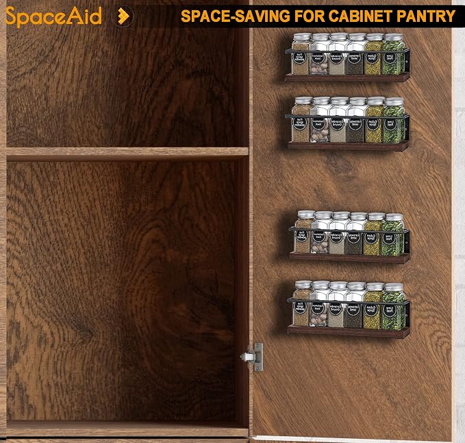 SpaceAid Spice Rack with 24 Spice Jars, 386 Spice Labels, Chalk Marker and Funnel, Wood Hanging Seasoning Shelf for Cabinet Door or Wall Mount (4 Pack) - Image 2