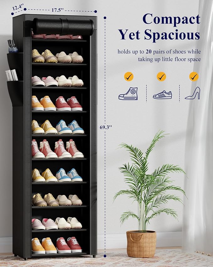 Kitsure 10-Tier Shoe Rack with Cover, Vertical Shelf, 17.5" Wide, Black | Space Saving Shoe Storage with Side Pocket, Shoe Organizer for Closet, Entryway, Bedroom, Zapateras Organizer - Image 3