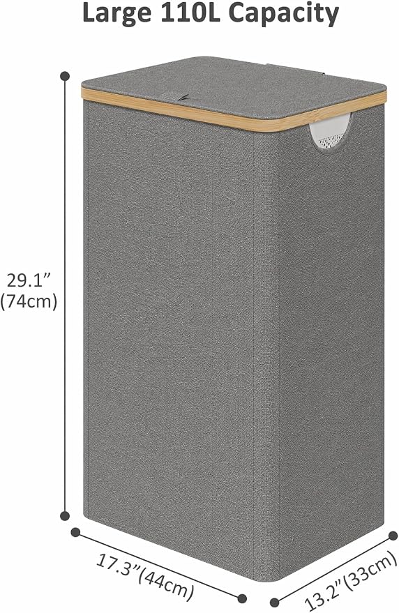iEGrow Laundry Hamper with Lid, 110L Large Laundry Hamper with Handle and Lid, Collapsible Clothes Basket Organizer with Removable Inner Bag for Clothes Toys Towels - Grey - Image 2