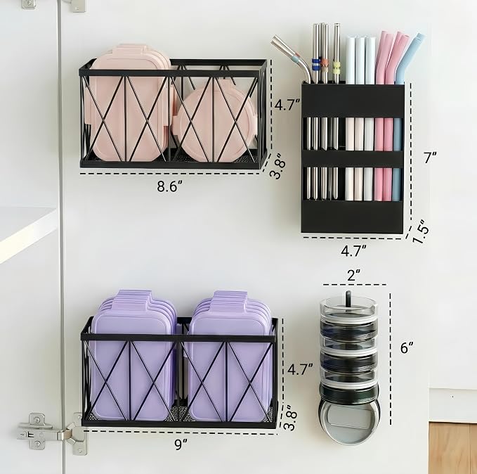 4 Pack No Drill Cabinet Door Lid Organizer for Plastic & Tumbler Lids, Inside Cabinet Wall Mounted Storage, Compatible with Tupperware & Yeti, with Magnetic Straw Holder - Image 6