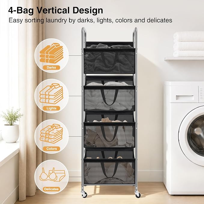 STO STO 4-Tier Vertical Rolling Laundry Hamper, Removable Bags, Black Mesh - Image 4