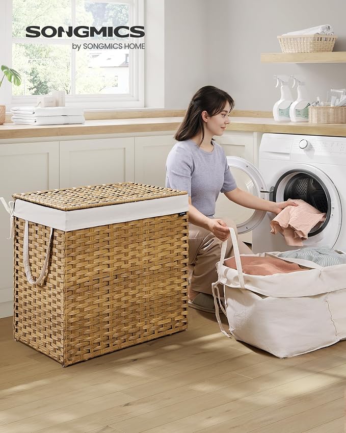 SONGMICS Laundry Hamper with Lid, 160L 3-Section Wicker Basket, 6 Mesh Bags - Image 2