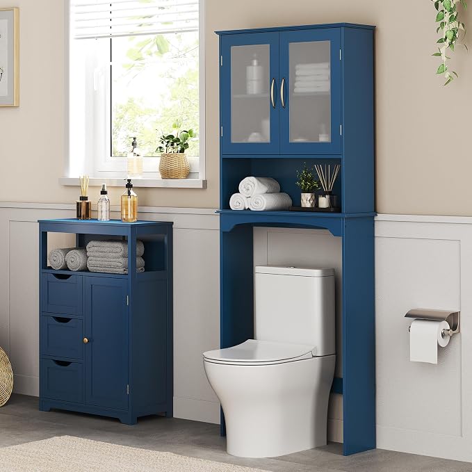 Yaheetech Over the Toilet Storage Cabinet with 2 Glass Doors, Navy Blue - Image 2