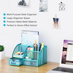 EasyPAG Mesh Desk Organizer with Drawer Multi-functional Pen Holder Stationery Organizer for Office School Supplies 6 Compartments Dorm Organizers and Storage for Desk, Blue - Image 2